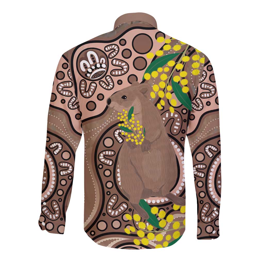 Australia Cute Quokka Long Sleeve Button Shirt Indigenous Art With Golden Wattle