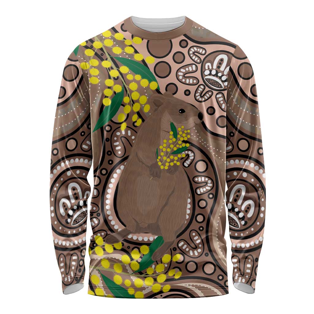 Australia Cute Quokka Long Sleeve Shirt Indigenous Art With Golden Wattle