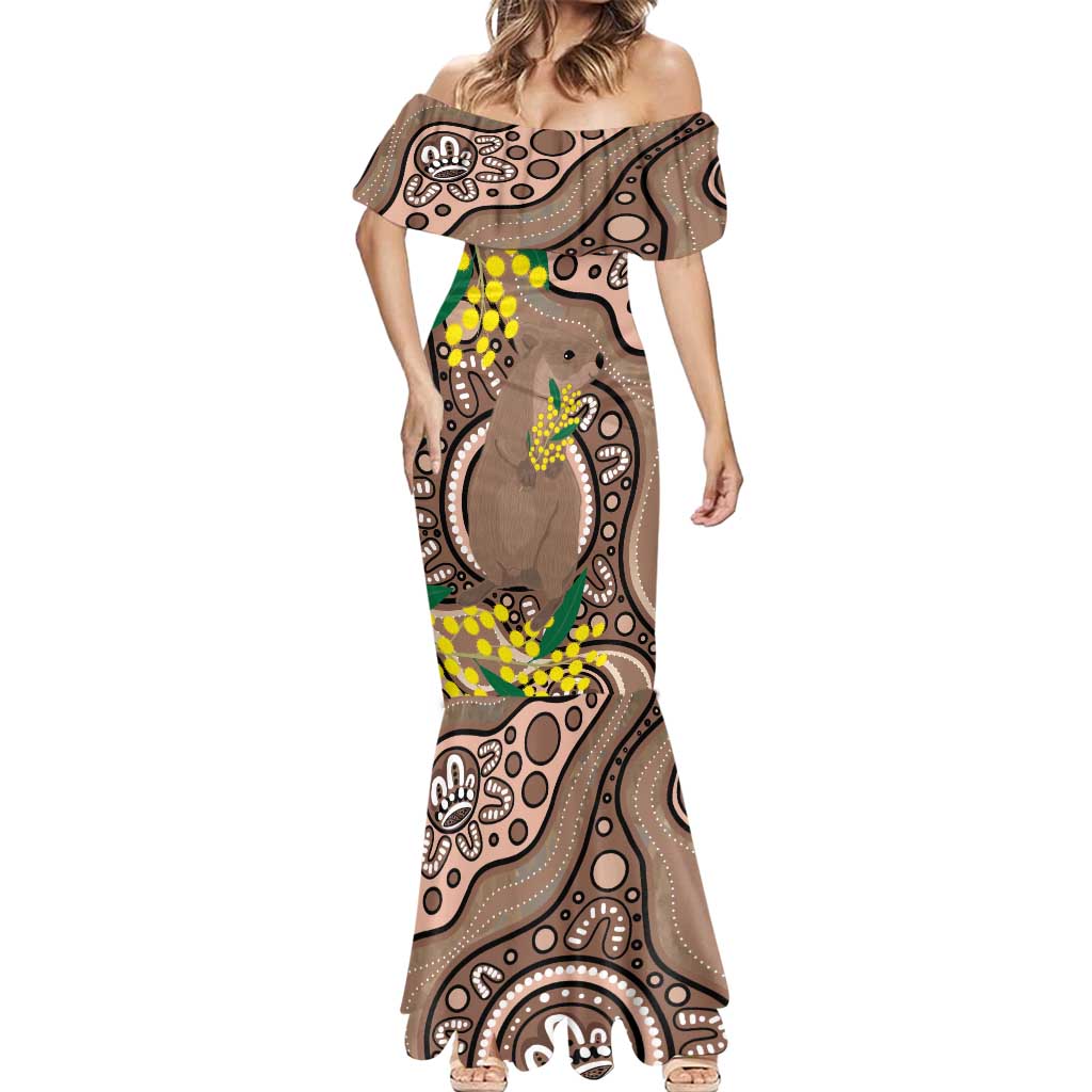 Australia Cute Quokka Mermaid Dress Indigenous Art With Golden Wattle