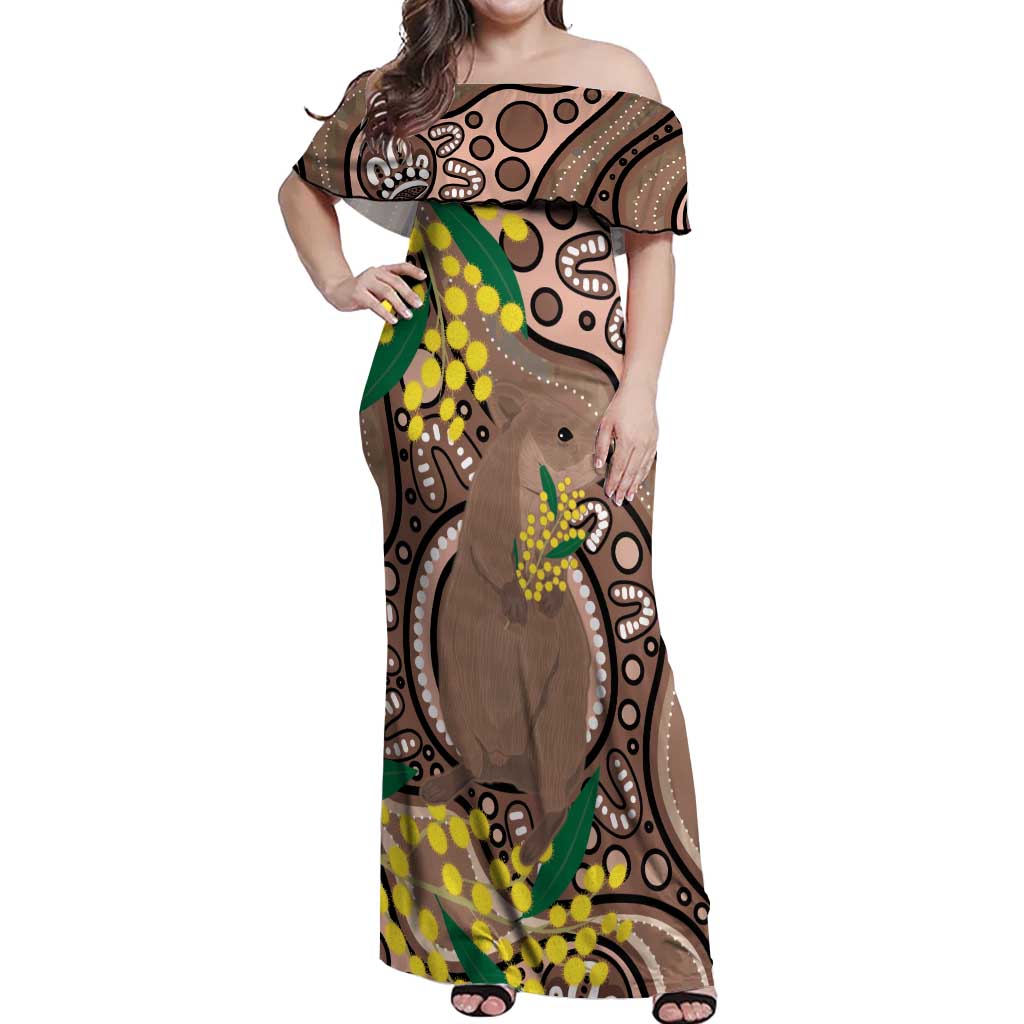 Australia Cute Quokka Off Shoulder Maxi Dress Indigenous Art With Golden Wattle