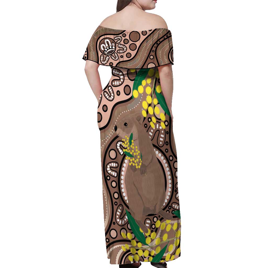 Australia Cute Quokka Off Shoulder Maxi Dress Indigenous Art With Golden Wattle