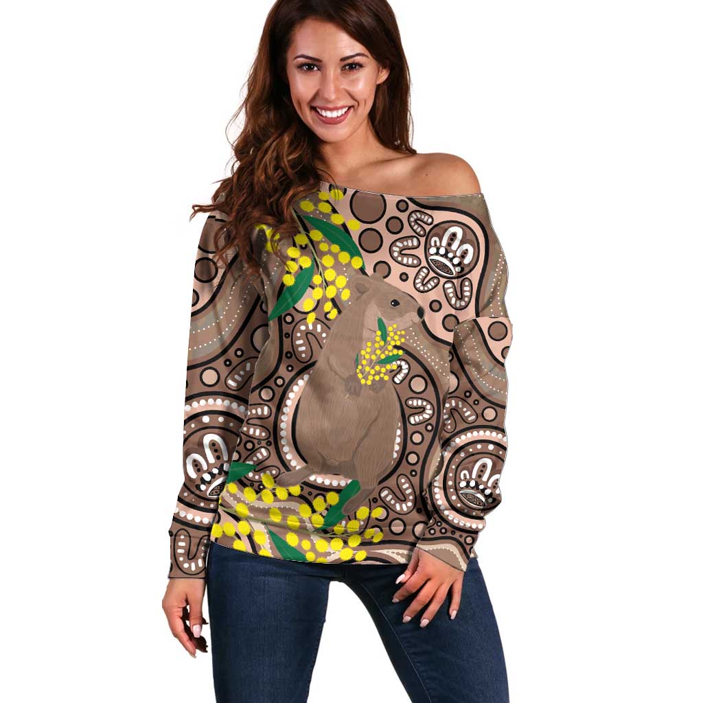 Australia Cute Quokka Off Shoulder Sweater Indigenous Art With Golden Wattle