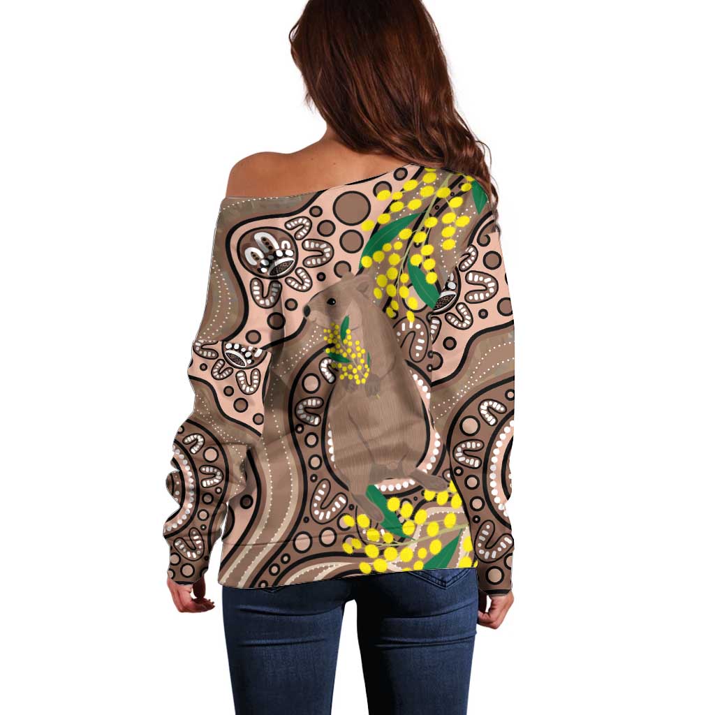 Australia Cute Quokka Off Shoulder Sweater Indigenous Art With Golden Wattle