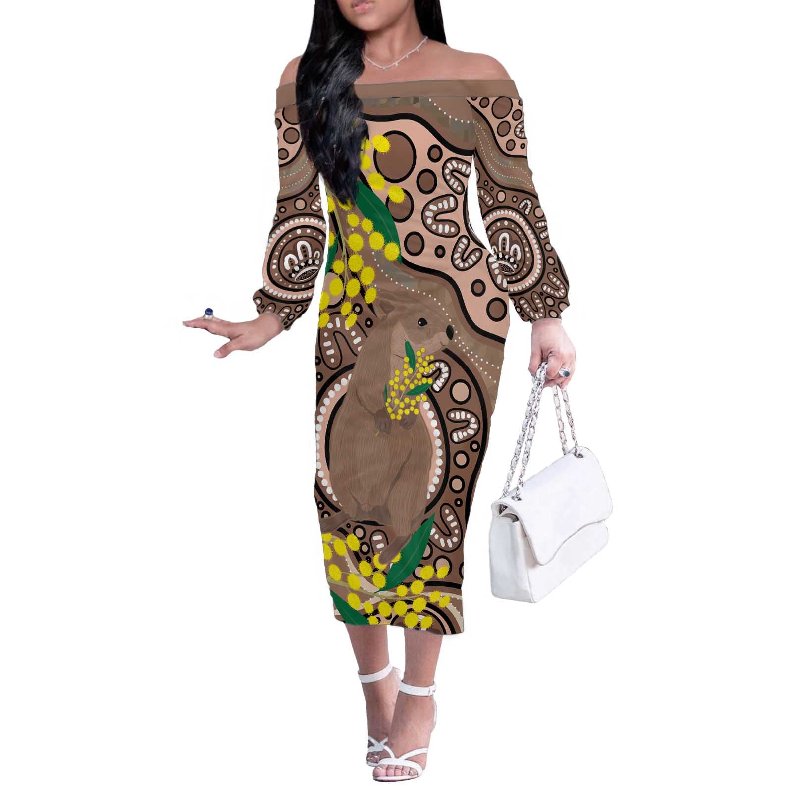 Australia Cute Quokka Off The Shoulder Long Sleeve Dress Indigenous Art With Golden Wattle