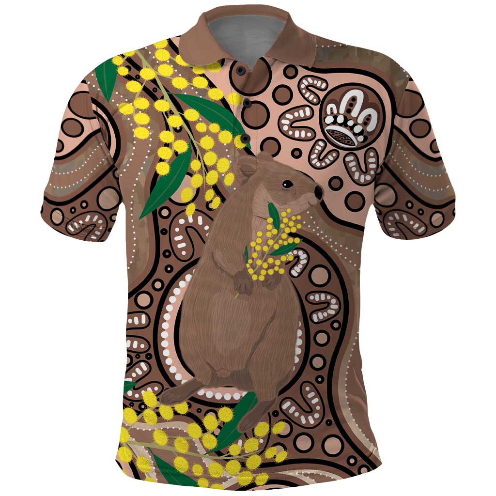 Australia Cute Quokka Polo Shirt Indigenous Art With Golden Wattle