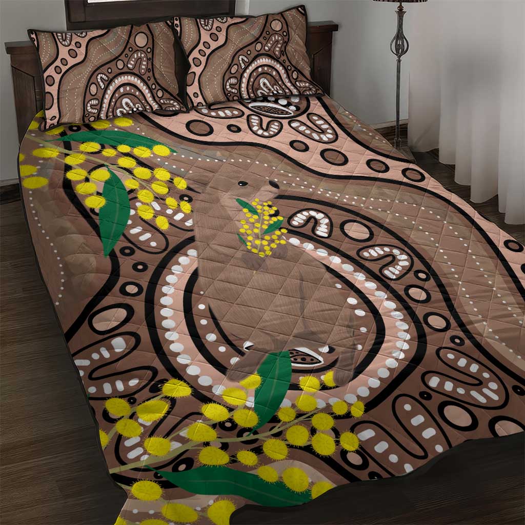 Australia Cute Quokka Quilt Bed Set Indigenous Art With Golden Wattle