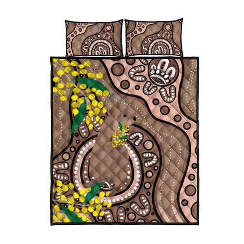 Australia Cute Quokka Quilt Bed Set Indigenous Art With Golden Wattle