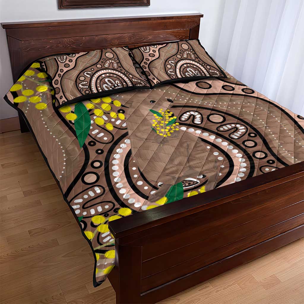 Australia Cute Quokka Quilt Bed Set Indigenous Art With Golden Wattle