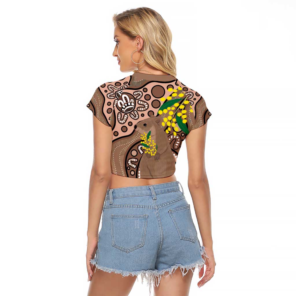 Australia Cute Quokka Raglan Cropped T Shirt Indigenous Art With Golden Wattle
