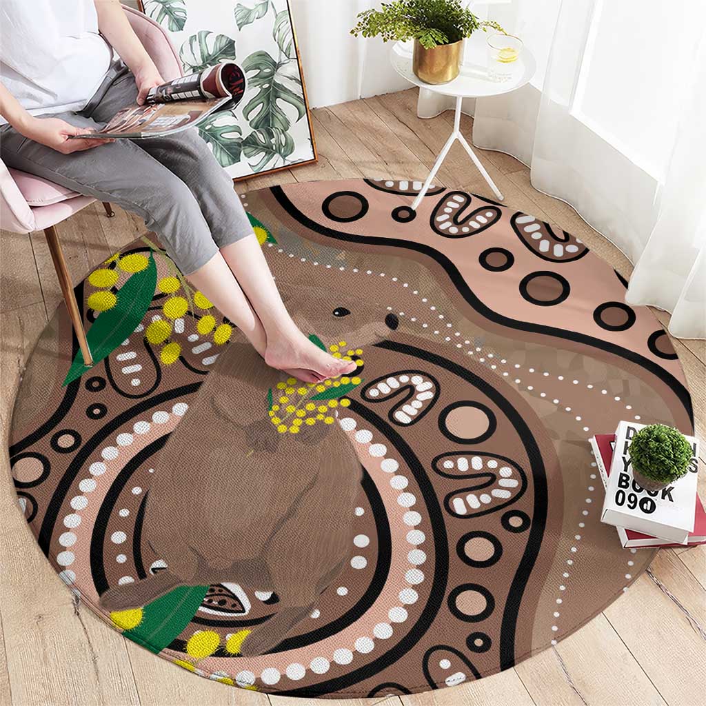 Australia Cute Quokka Round Carpet Indigenous Art With Golden Wattle