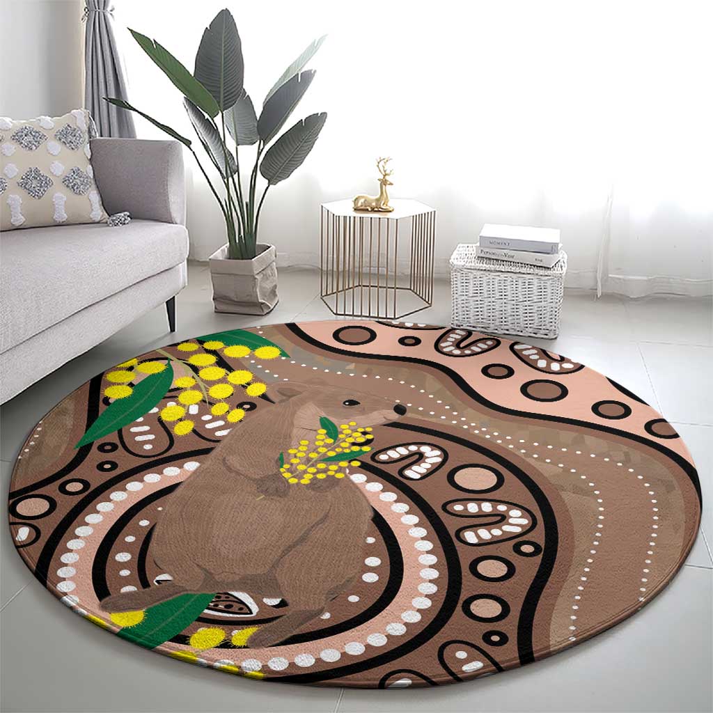 Australia Cute Quokka Round Carpet Indigenous Art With Golden Wattle