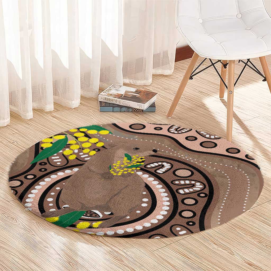 Australia Cute Quokka Round Carpet Indigenous Art With Golden Wattle
