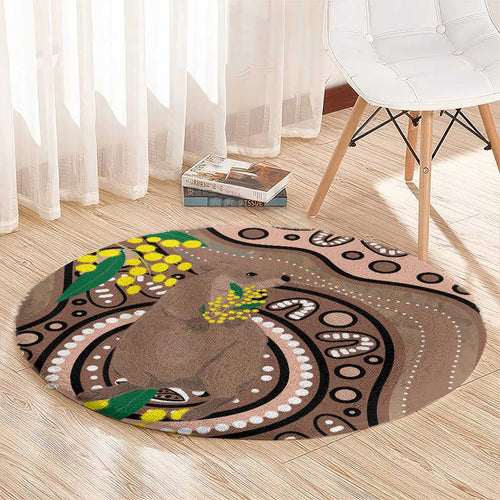 Australia Cute Quokka Round Carpet Indigenous Art With Golden Wattle
