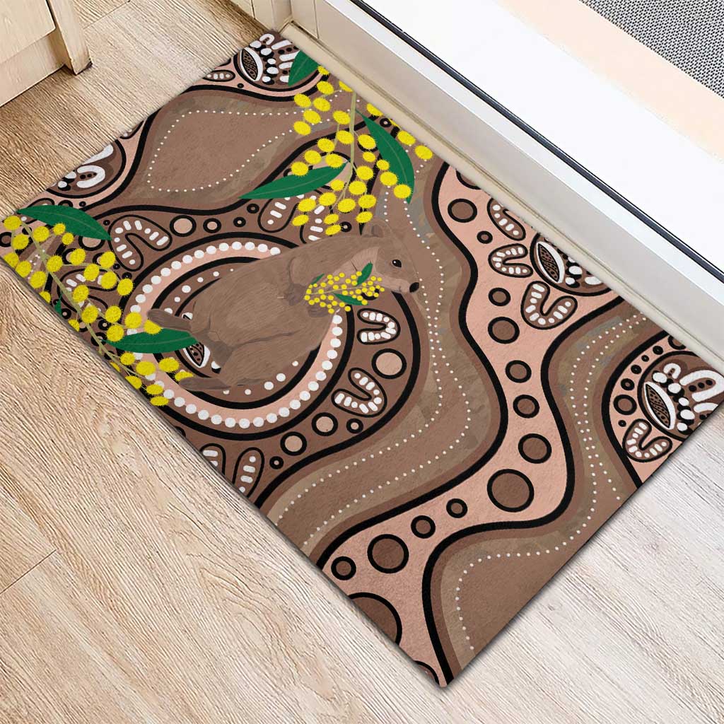 Australia Cute Quokka Rubber Doormat Indigenous Art With Golden Wattle