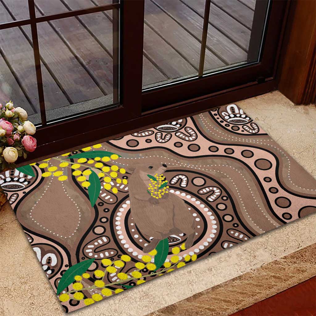 Australia Cute Quokka Rubber Doormat Indigenous Art With Golden Wattle