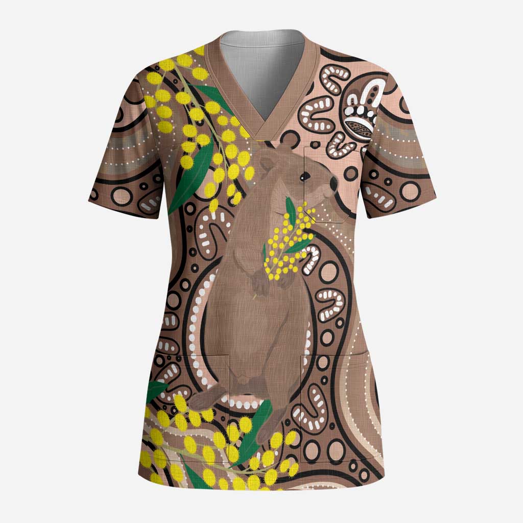 Australia Cute Quokka Scrub Top Indigenous Art With Golden Wattle - Aussie Hoodie