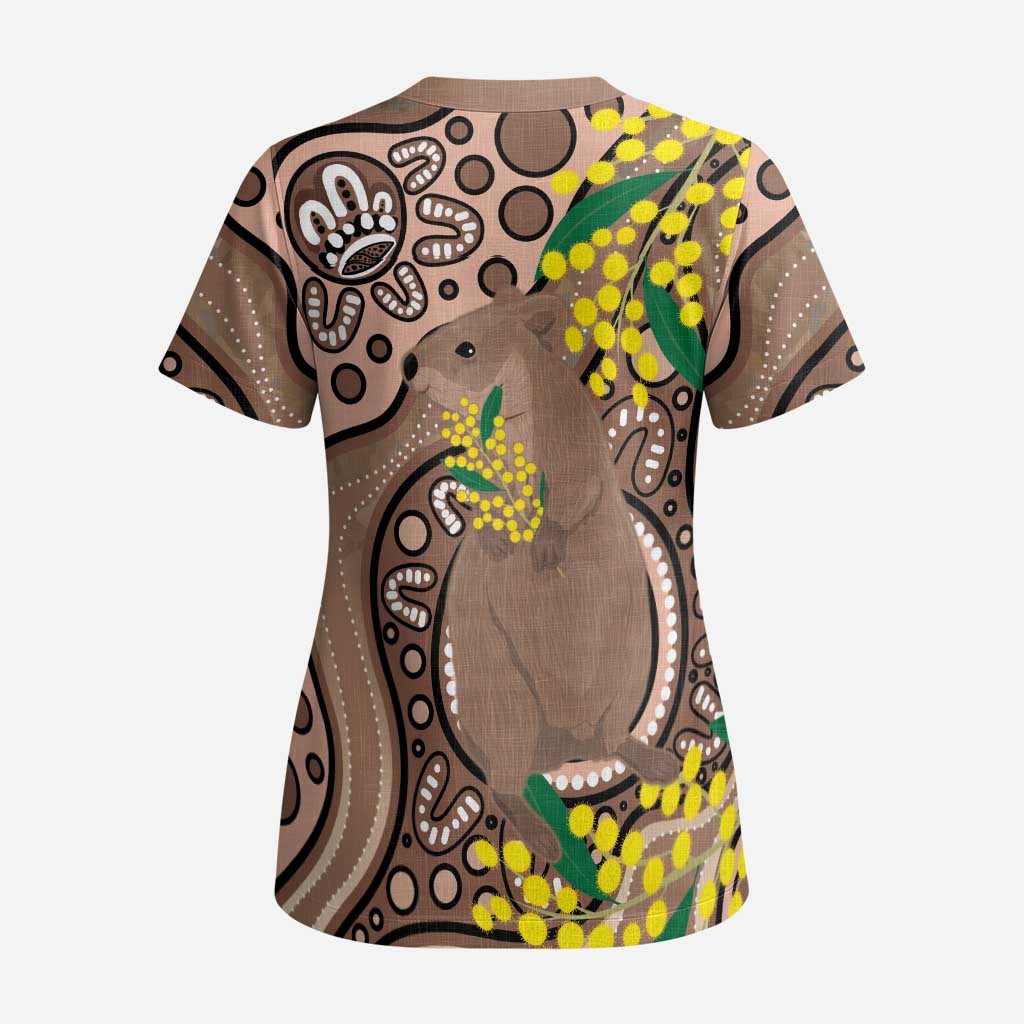 Australia Cute Quokka Scrub Top Indigenous Art With Golden Wattle - Aussie Hoodie