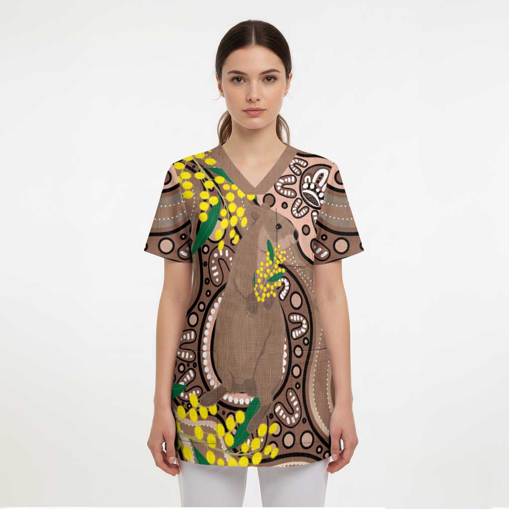 Australia Cute Quokka Scrub Top Indigenous Art With Golden Wattle - Aussie Hoodie