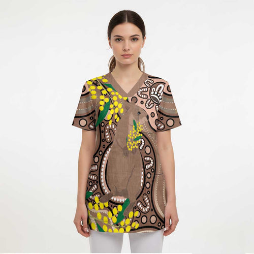 Australia Cute Quokka Scrub Top Indigenous Art With Golden Wattle - Aussie Hoodie