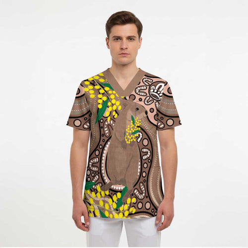 Australia Cute Quokka Scrub Top Indigenous Art With Golden Wattle - Aussie Hoodie