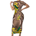 Australia Cute Quokka Short Sleeve Bodycon Dress Indigenous Art With Golden Wattle