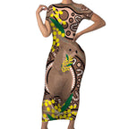 Australia Cute Quokka Short Sleeve Bodycon Dress Indigenous Art With Golden Wattle