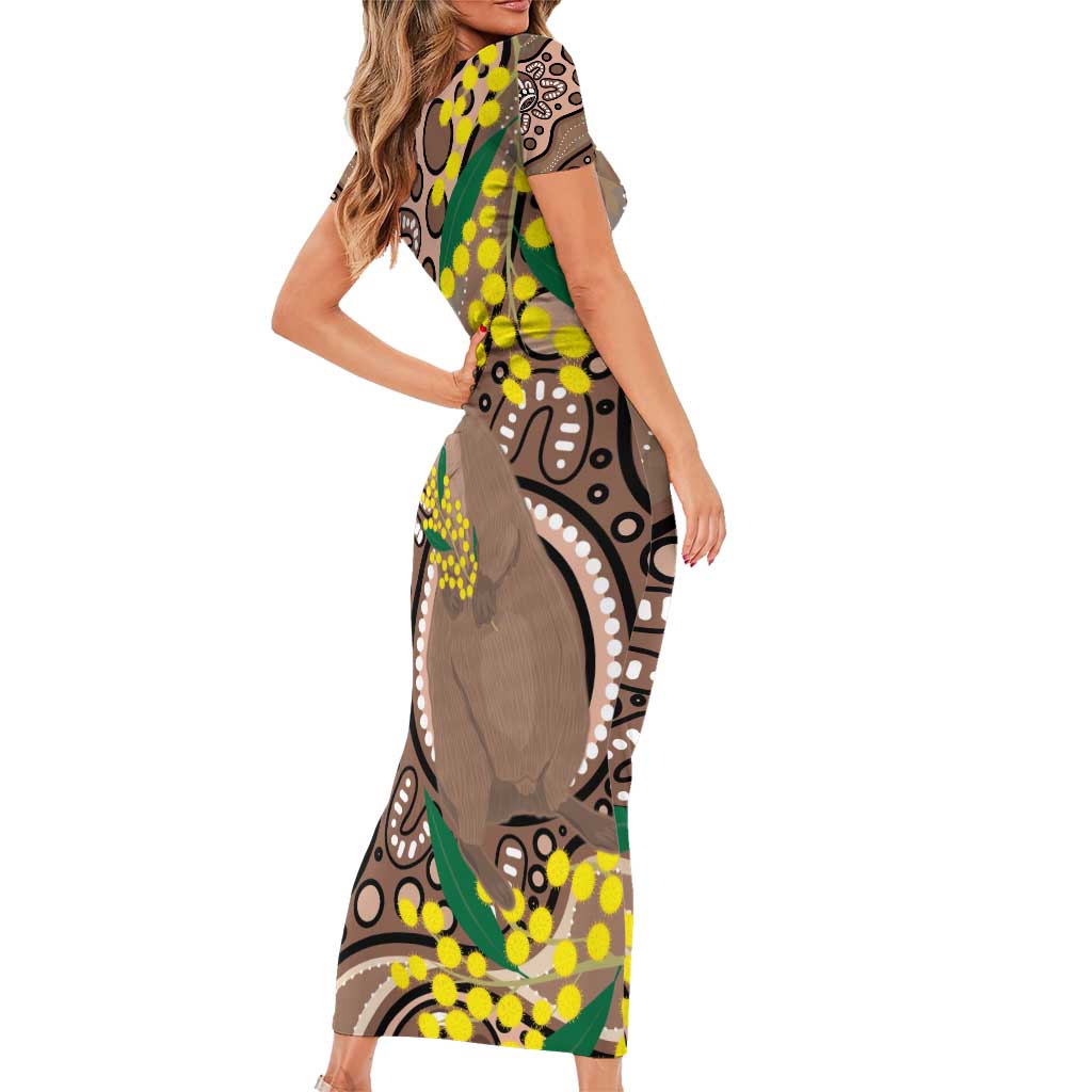 Australia Cute Quokka Short Sleeve Bodycon Dress Indigenous Art With Golden Wattle