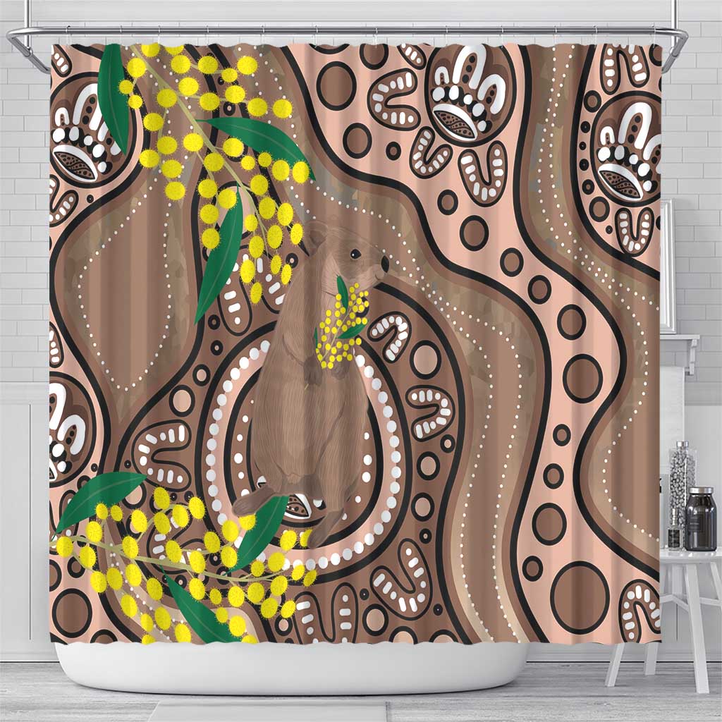 Australia Cute Quokka Shower Curtain Indigenous Art With Golden Wattle
