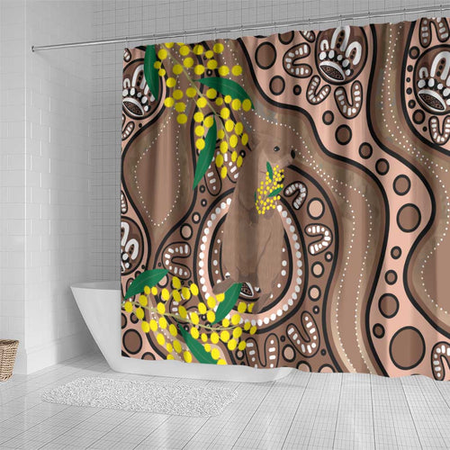Australia Cute Quokka Shower Curtain Indigenous Art With Golden Wattle