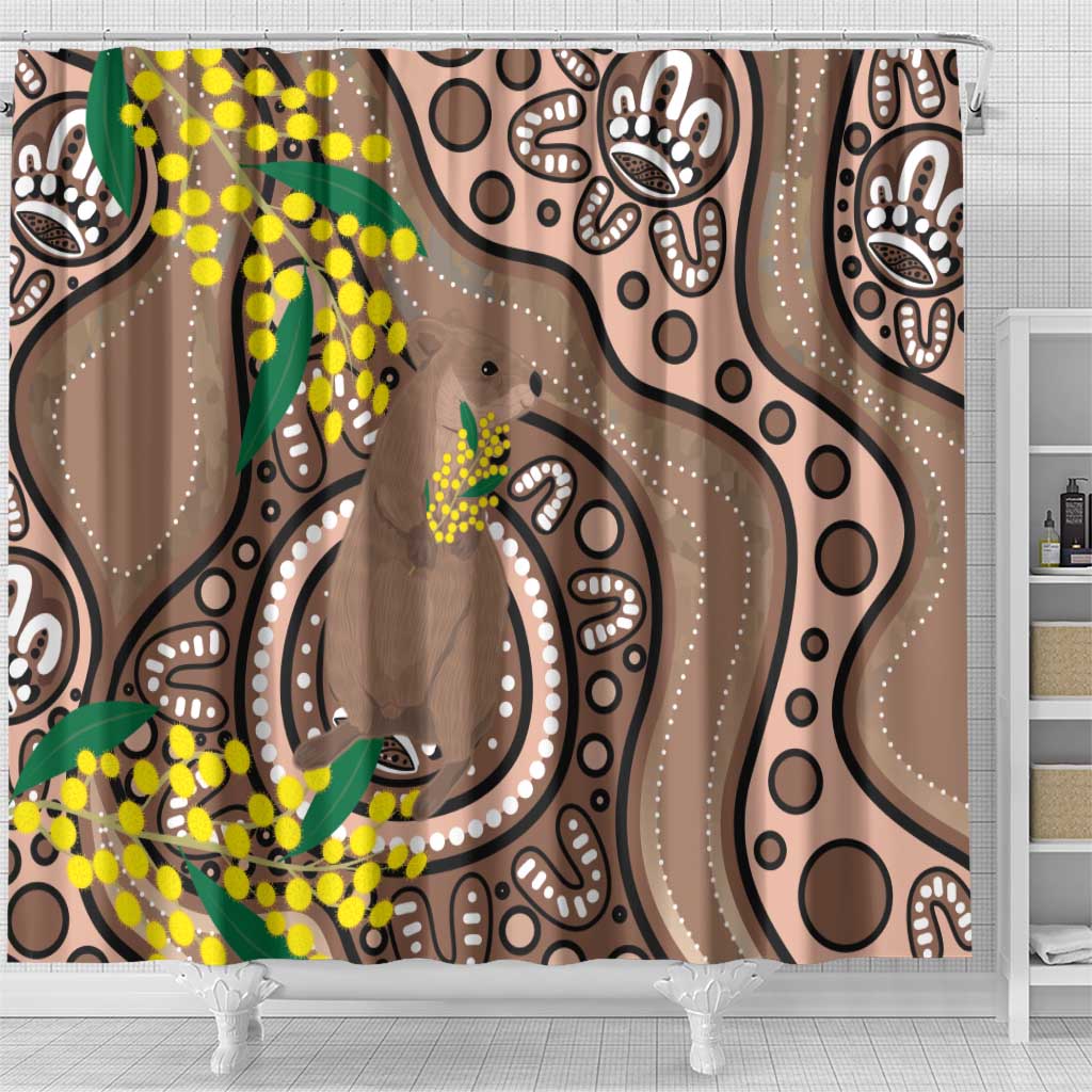 Australia Cute Quokka Shower Curtain Indigenous Art With Golden Wattle
