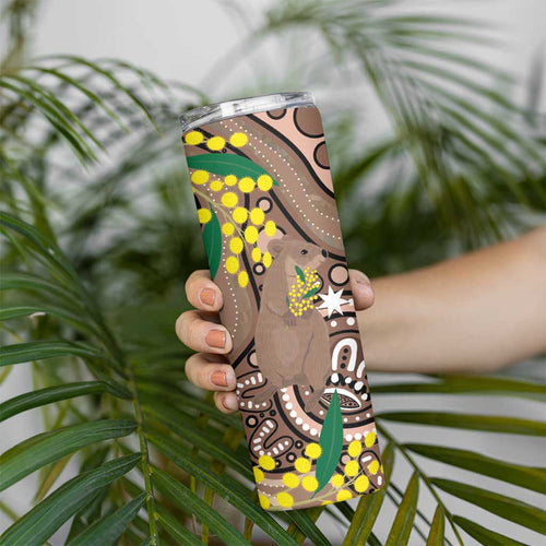 Australia Cute Quokka Skinny Tumbler Indigenous Art With Golden Wattle