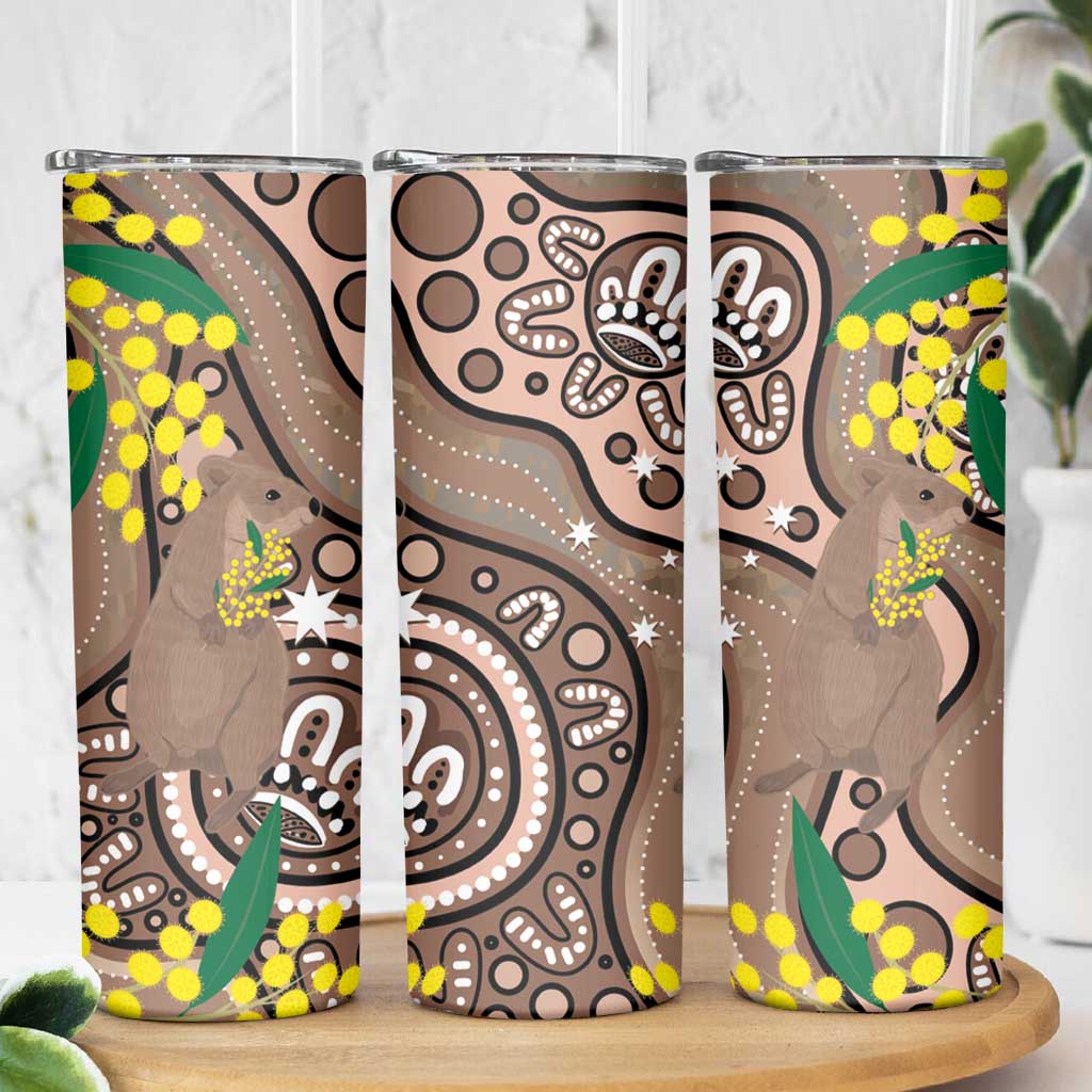 Australia Cute Quokka Skinny Tumbler Indigenous Art With Golden Wattle
