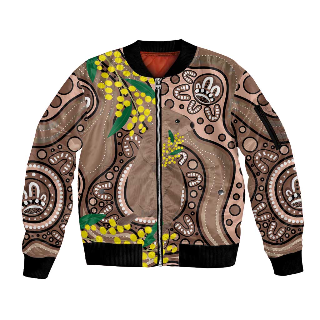 Australia Cute Quokka Sleeve Zip Bomber Jacket Indigenous Art With Golden Wattle