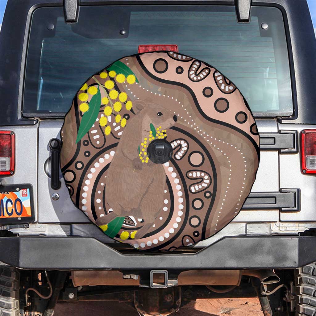 Australia Cute Quokka Spare Tire Cover Indigenous Art With Golden Wattle
