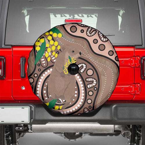 Australia Cute Quokka Spare Tire Cover Indigenous Art With Golden Wattle