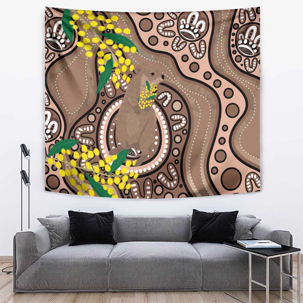 Australia Cute Quokka Tapestry Indigenous Art With Golden Wattle