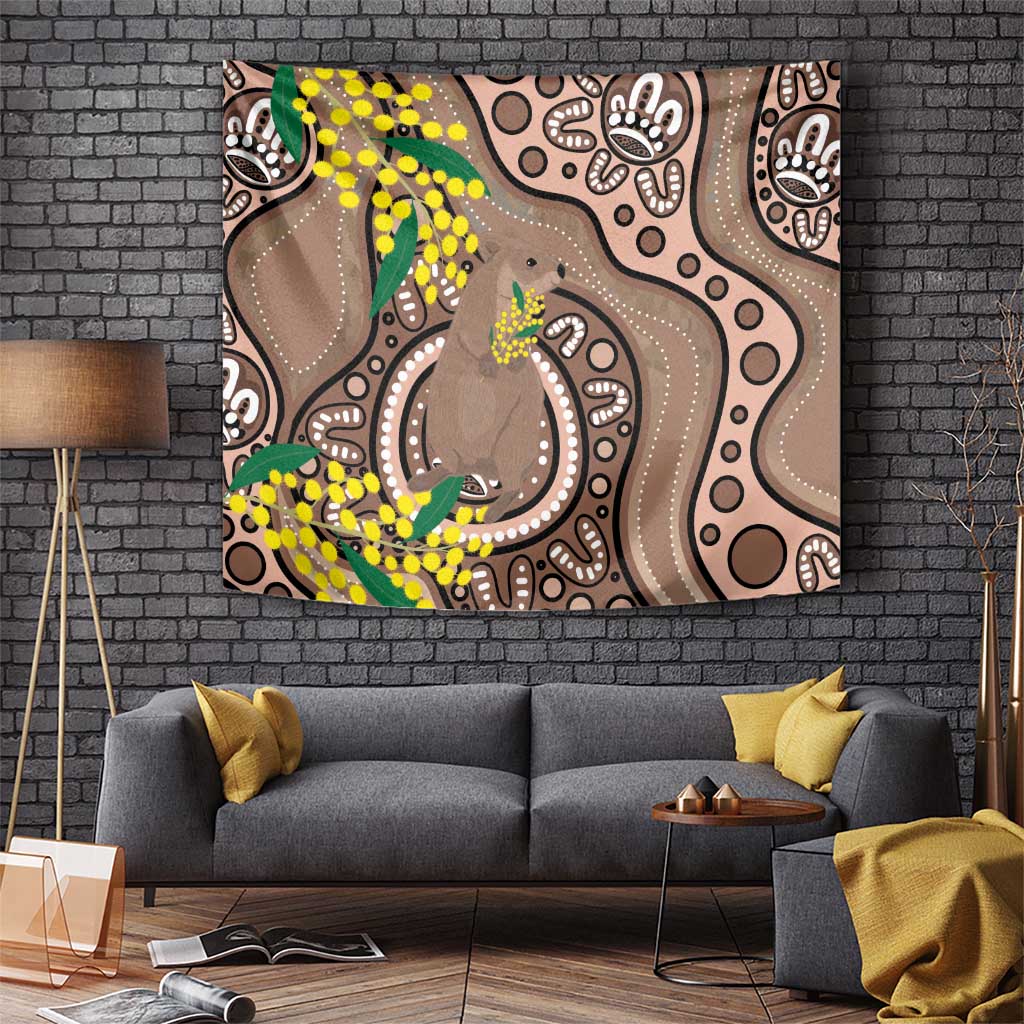 Australia Cute Quokka Tapestry Indigenous Art With Golden Wattle
