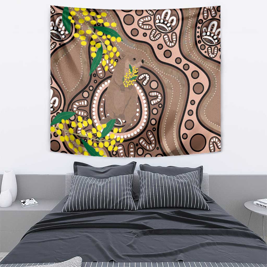 Australia Cute Quokka Tapestry Indigenous Art With Golden Wattle