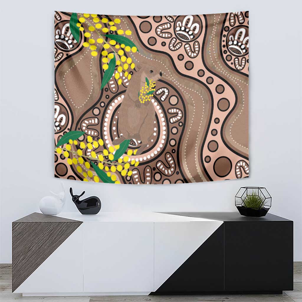 Australia Cute Quokka Tapestry Indigenous Art With Golden Wattle
