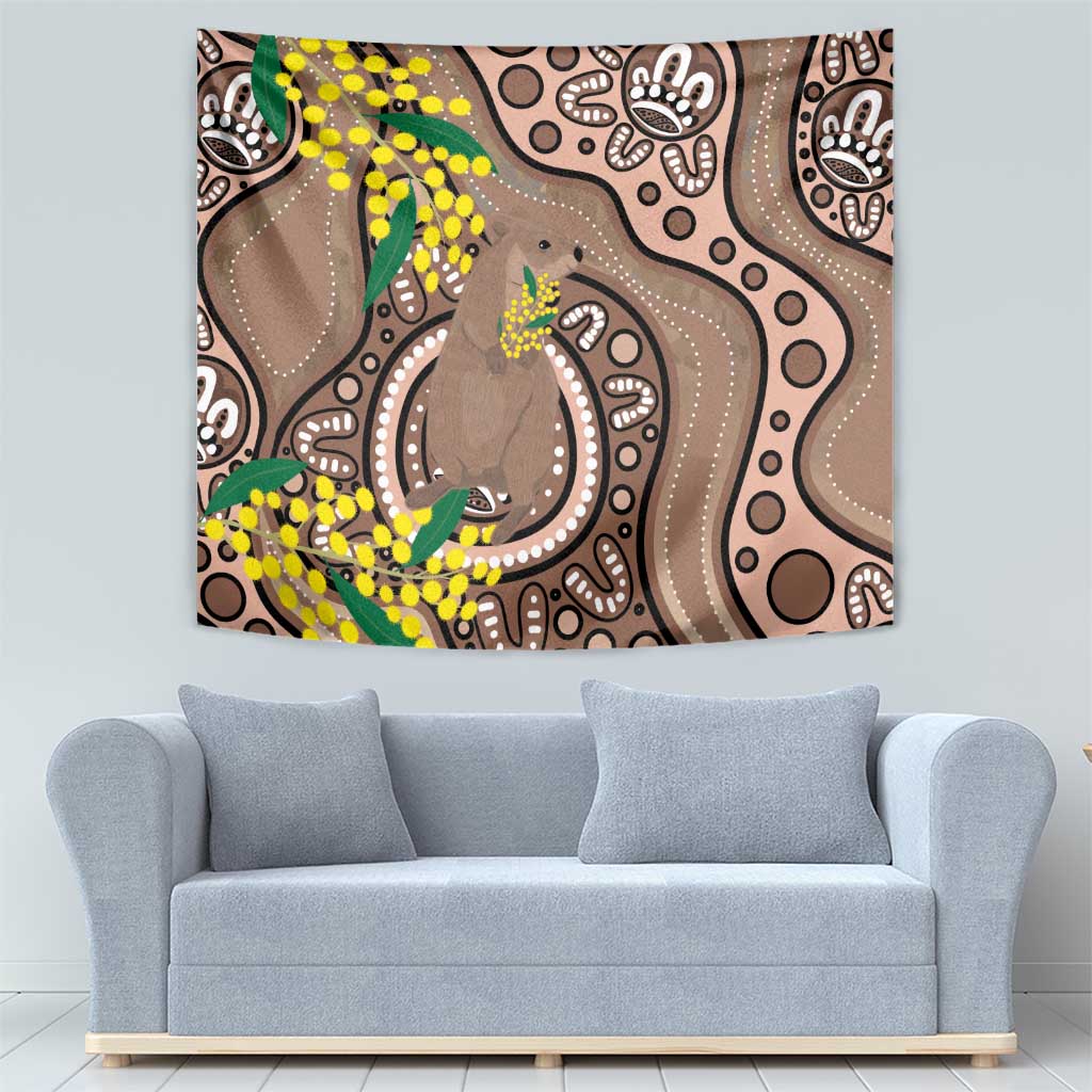 Australia Cute Quokka Tapestry Indigenous Art With Golden Wattle