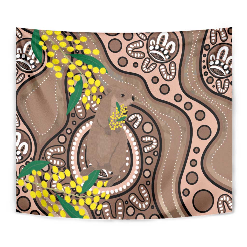 Australia Cute Quokka Tapestry Indigenous Art With Golden Wattle