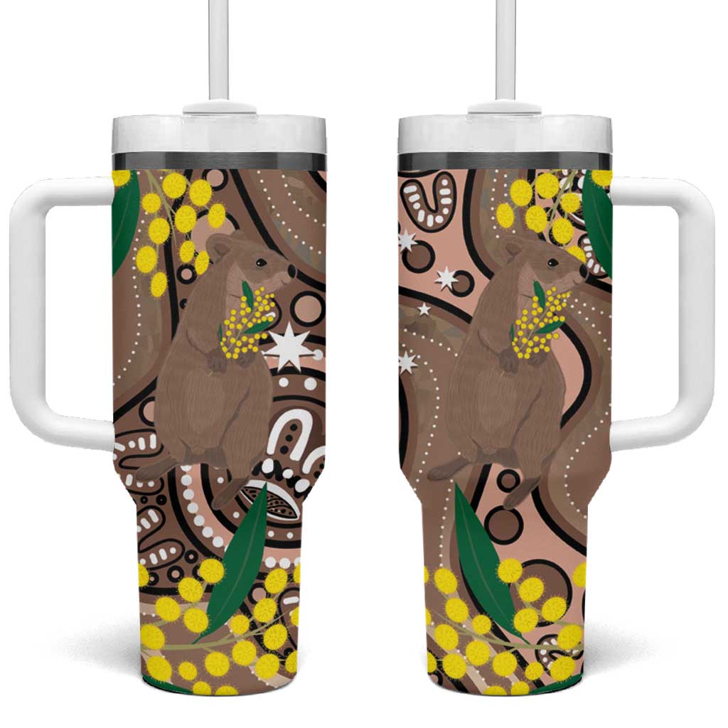 Australia Cute Quokka Tumbler With Handle Indigenous Art With Golden Wattle