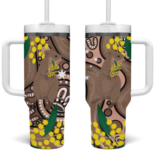 Australia Cute Quokka Tumbler With Handle Indigenous Art With Golden Wattle