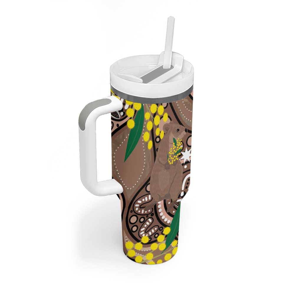Australia Cute Quokka Tumbler With Handle Indigenous Art With Golden Wattle