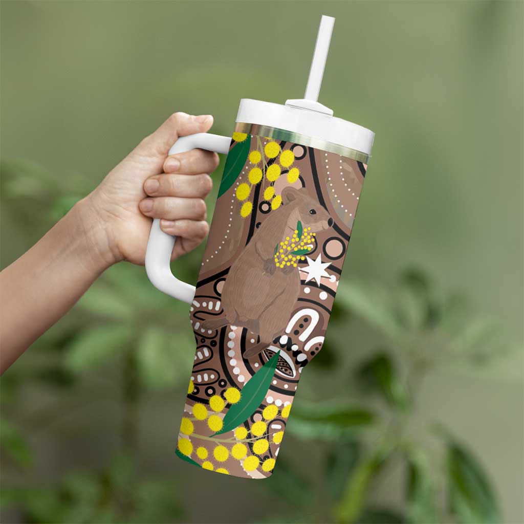 Australia Cute Quokka Tumbler With Handle Indigenous Art With Golden Wattle