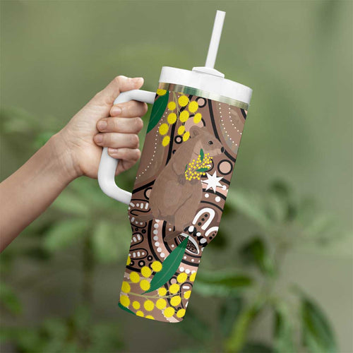 Australia Cute Quokka Tumbler With Handle Indigenous Art With Golden Wattle