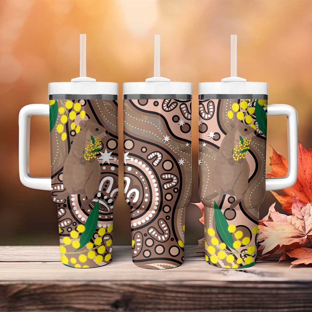 Australia Cute Quokka Tumbler With Handle Indigenous Art With Golden Wattle
