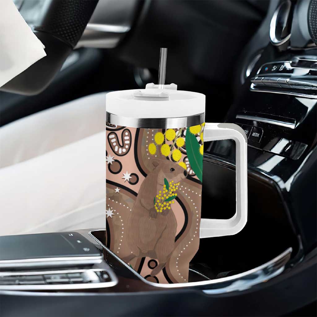Australia Cute Quokka Tumbler With Handle Indigenous Art With Golden Wattle