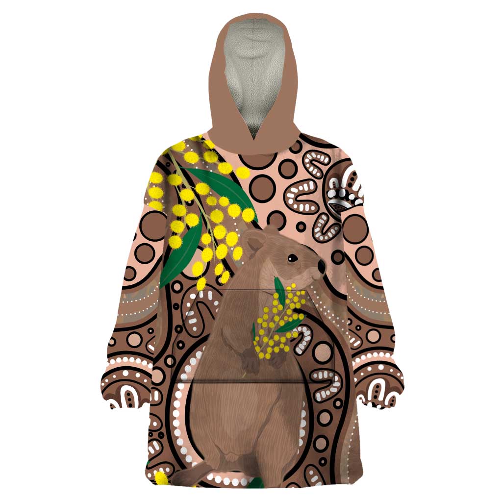 Australia Cute Quokka Wearable Blanket Hoodie Indigenous Art With Golden Wattle