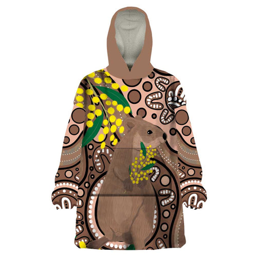 Australia Cute Quokka Wearable Blanket Hoodie Indigenous Art With Golden Wattle